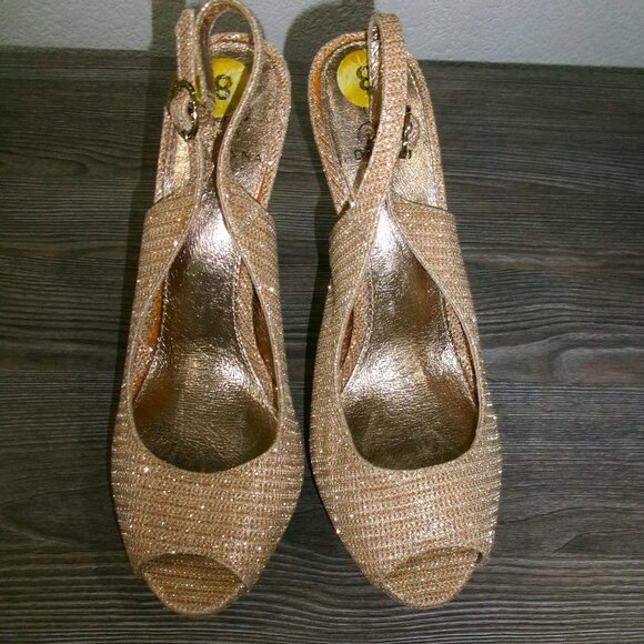 Adrianna Papell Shimmery Sparkly Gold Stiletto Heels Shoes Slingback Peep Toe 8 - Picture 13 of 16